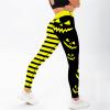 Tummy Control Scary Ghost Face Pattern Halloween Leggings High Waist Soft Stripe Pumpkin Print Elastic Tights Pants Trendy Skinny Leggings for Women Halloween Party S Yellow view 4