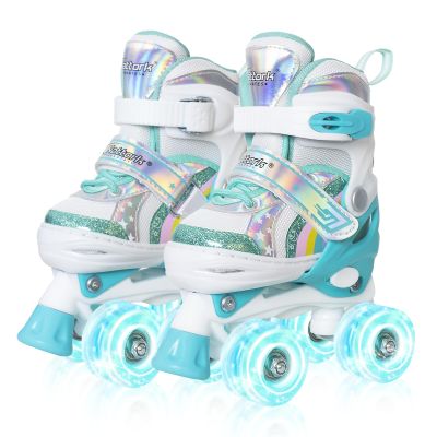 Girls Rainbow Unicorn Roller Skates for Little Kids Toddler Ages 3-5 3 4 5, 4 Size Adjustable Quad Skates with All Light Up Wheels - Best Birthday Gift for Outdoor Sports - Teal