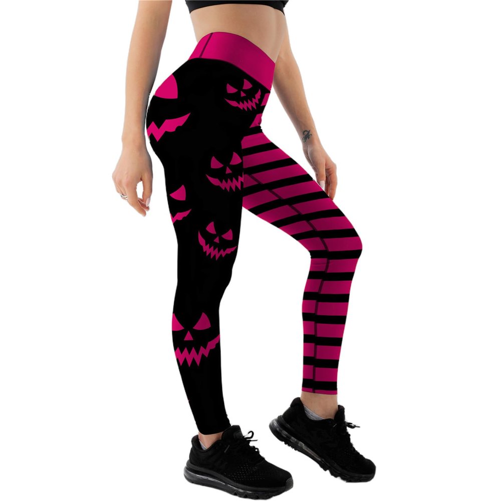 Women's Seamless Funny Pumpkin Face Printed Stretch Halloween Long Pants Stripe Print High Waist Pumpkin Halloween Leggings Tights for Party Costume Cosplay M Rose Red