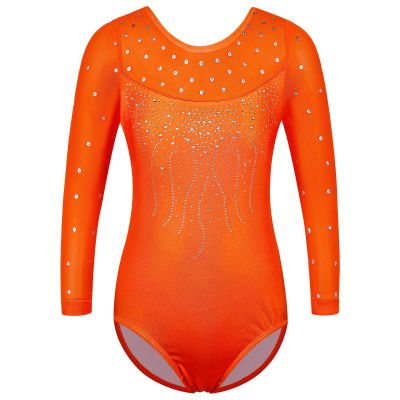 BAOHULU Gymnastics Leotard for Girls Shiny Sequins Mesh 3/4 Sleeve Practice Dancewear B285_Orange_6A