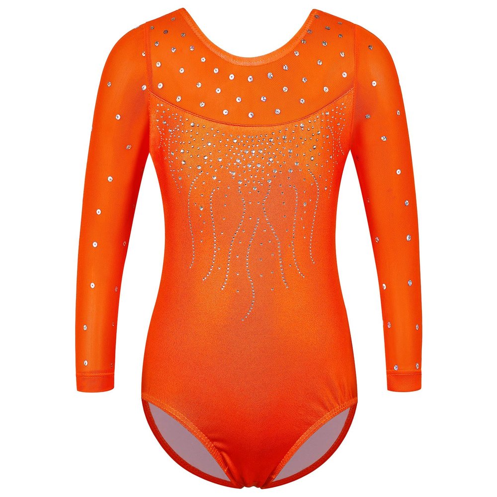 BAOHULU Gymnastics Leotard for Girls Shiny Sequins Mesh 3/4 Sleeve Practice Dancewear B285_Orange_6A