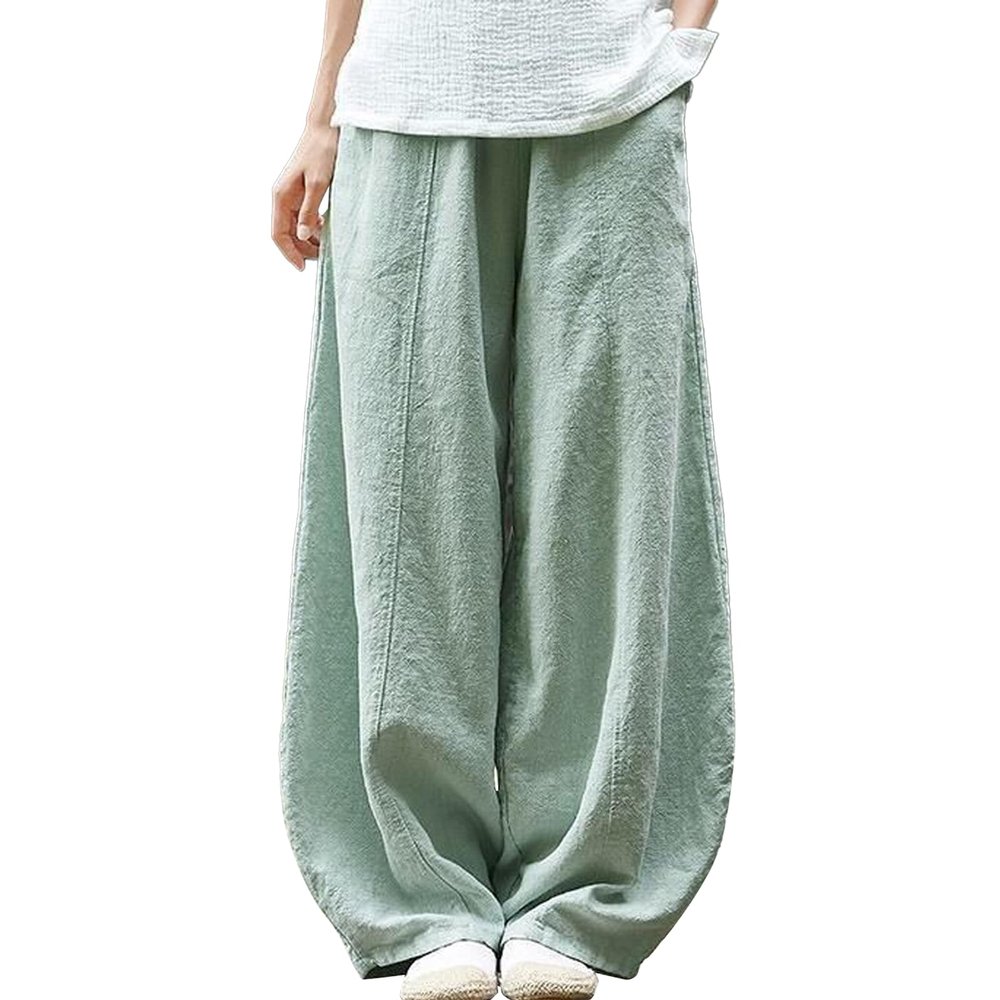 BIVENANT Womens Linen Pants Elastic Waist Pants Green Casual Pants Baggy Pants Wide Leg Palazzo Pants Loose Trousers