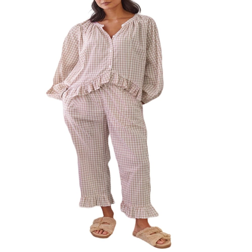 Argeousgor Women 2 Piece Plaid Pajamas Set Y2k Puff Sleeve Peplum Babydoll Shirt Ruffle Hem Pants Gingham Lounge Set XL