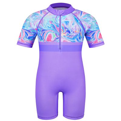 TFJH E One Piece Girls Swimsuits Short Sleeve Rash Guard Suits UV 50+ Bathing Suits Zip 375 Purple Agate 6A
