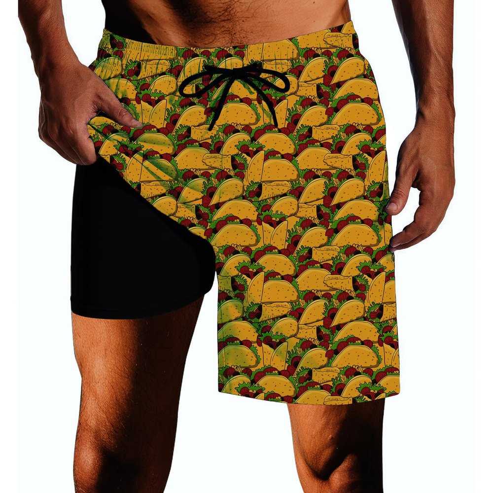 SQPO Taco Mens Swim Trunks with Compression Liner Quick Dry Zipper Pocket Bathing Suit for Beach Summer Small