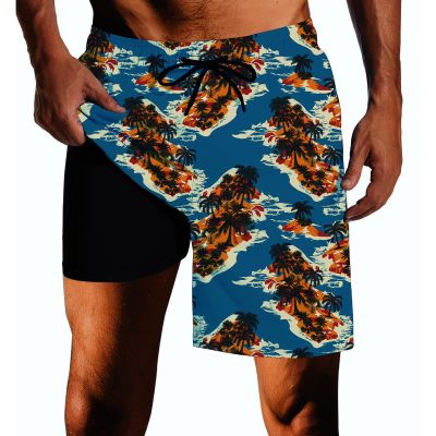SQPO Island Mens Swim Trunks with Compression Liner Quick Dry Zipper Pocket Bathing Suit for Beach Summer Xx-Large