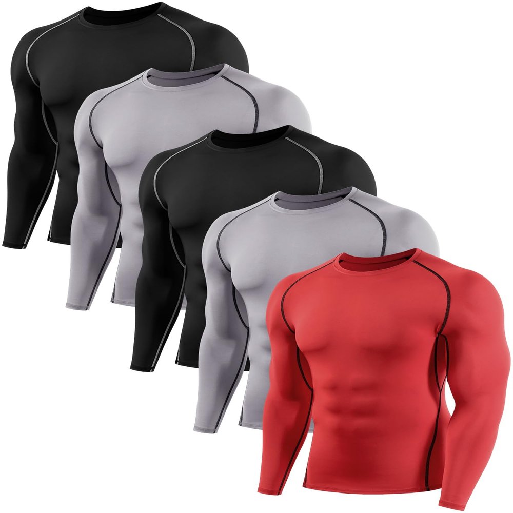 ATTIQOZI 4,5,6 Pack Men's Compression Shirts Long Sleeve Rash Guard Workout Undershirt Base Layer Athletic Shirt Bl/Gr/Bl/Gr/Red XL