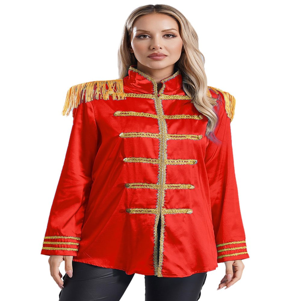 Hedmy Womens Halloween SGT Sergeant Pepper Costume Jacket Marching Band Rock 60s Satin Cardigan Coat Red Large