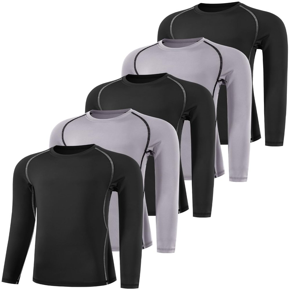 ATTIQOZI Boys' Compression Shirts Youth Long Sleeve Football Baseball Undershirt Sports Quick Dry Athletic Baselayer 4,5,6 Pack Bl/Gr/Bl/Gr/Bl XS
