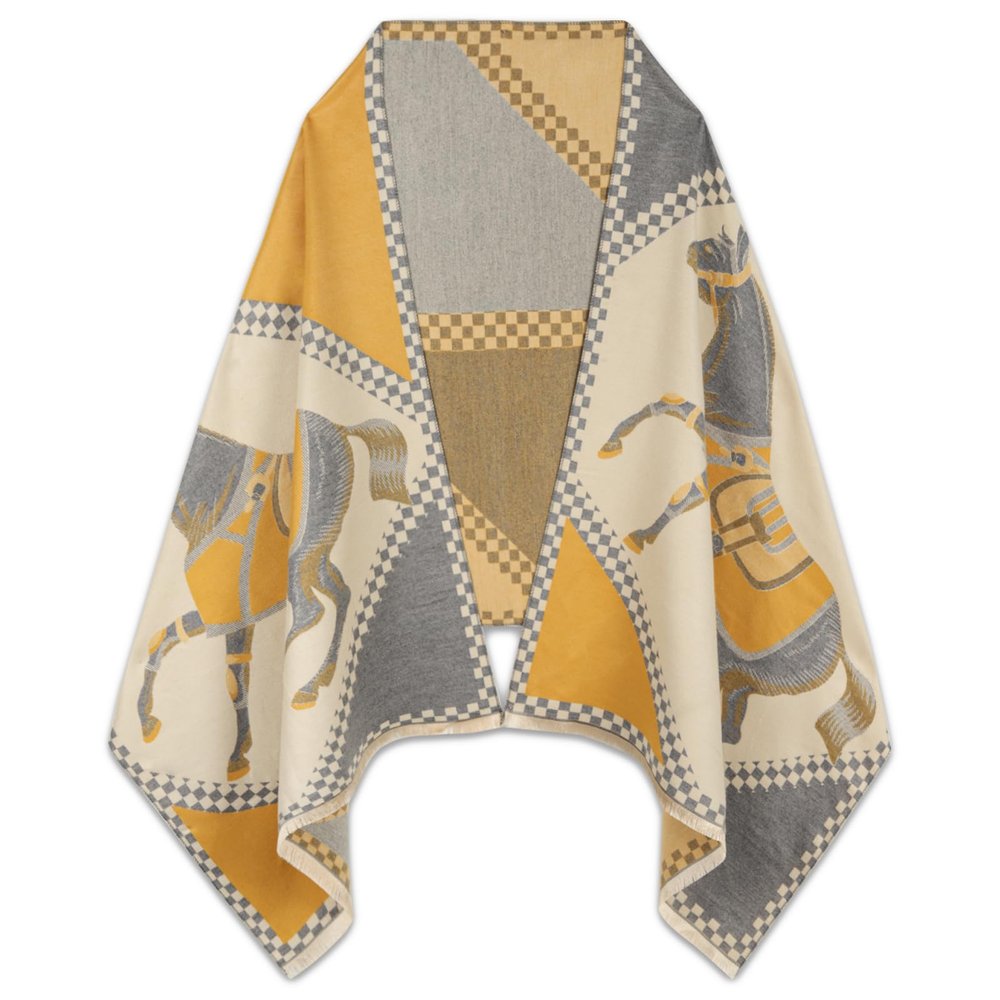 EXTREE Scarfs for Women Pashmina Silky Shawl Wrap for Evening Dressing Blanket Open Front Poncho Cape, Petite, Aai-yellow-grey-horse