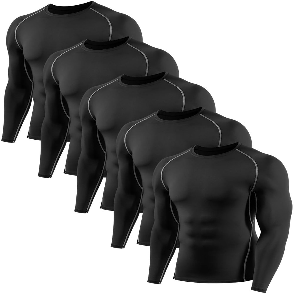 ATTIQOZI 4,5,6 Pack Men's Compression Shirts Long Sleeve Rash Guard Workout Undershirt Base Layer Athletic Shirt Black(5pack) M