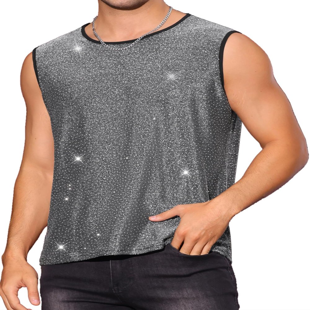 Lars Amadeus Glitter Tank Tops for Men's Metallic Clubwear Sleeveless T-Shirt Party Sparkly Vest Large Silver