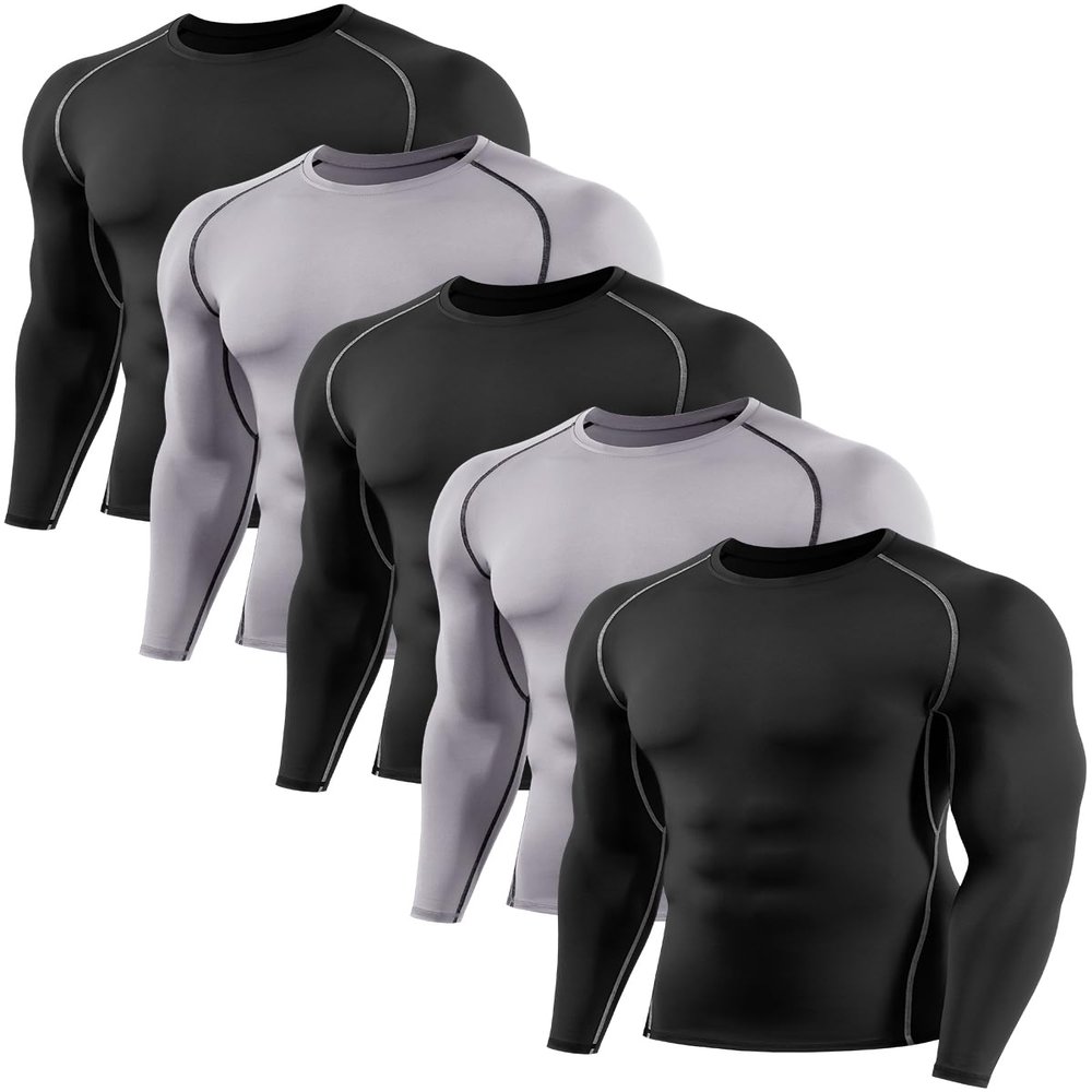 ATTIQOZI 4,5,6 Pack Men's Compression Shirts Long Sleeve Rash Guard Workout Undershirt Base Layer Athletic Shirt Bl/Gr/Bl/Gr/Bl XXL
