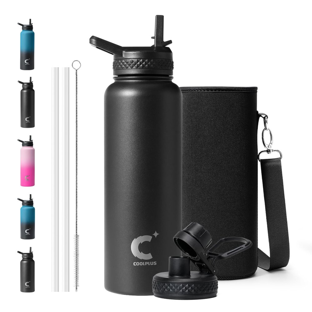 40 oz Water Bottle Insulated, Coolplus Stainless Steel Water Flask With Straw Metal Double-Walled Vacuum With Carry Sleeve Leakproof, Keep Cold 48 Hrs Hot 24hrs, Black