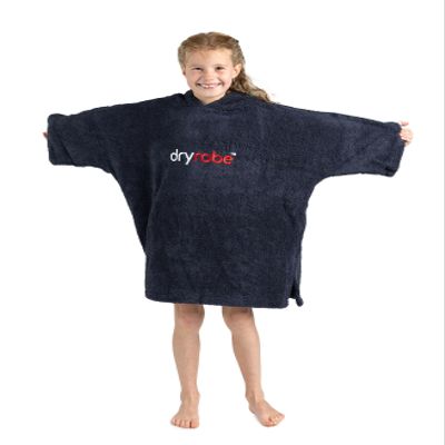 Dryrobe Towel Swim Robe - Hooded Surf Poncho Changing Robe - Organic Cotton - for Swimming, Beach, Surfing - Short Sleeve (Kids 10-13) Navy Blue