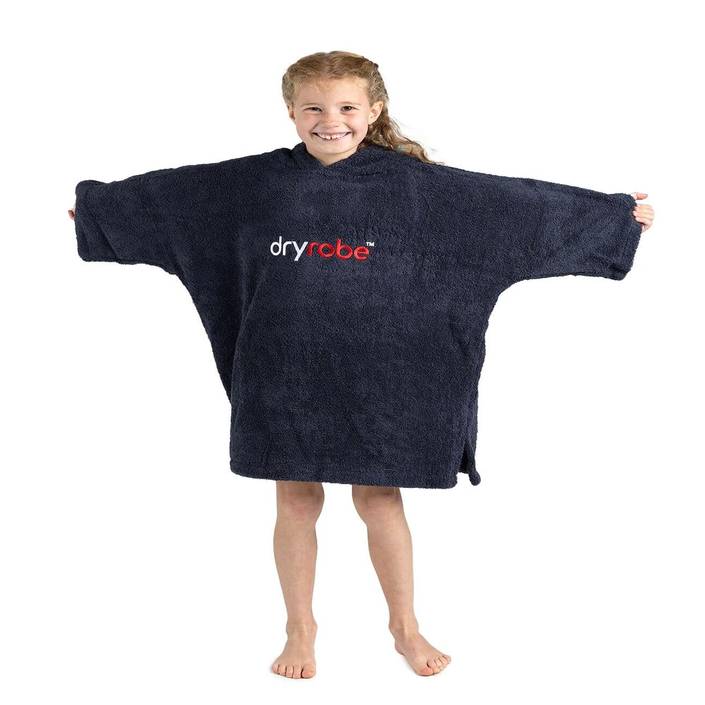 Dryrobe Towel Swim Robe - Hooded Surf Poncho Changing Robe - Organic Cotton - for Swimming, Beach, Surfing - Short Sleeve (Kids 10-13) Navy Blue