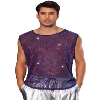 Lars Amadeus Glitter Sheer Blue Red Tank Top for Men's Valentine's Day Party See Through Sparkly Sleeveless Metallic Mesh Vest L