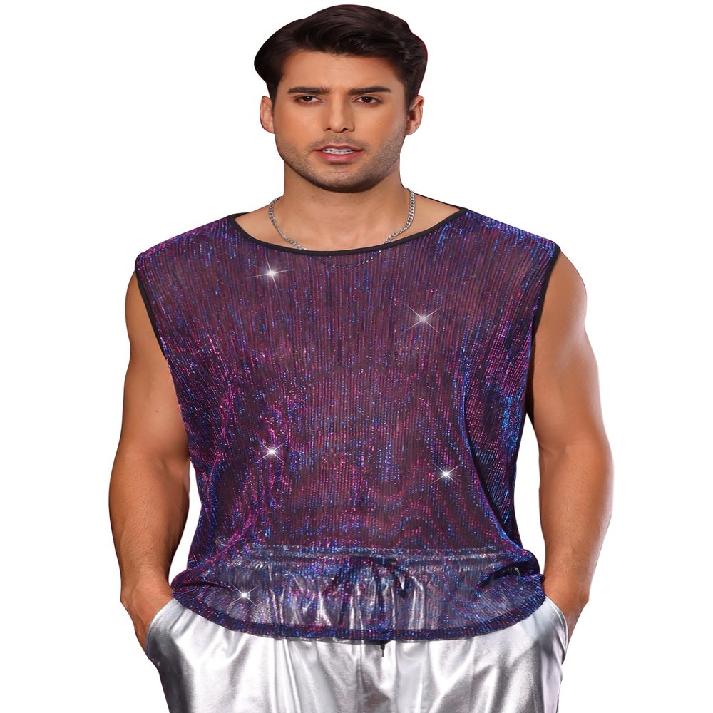 Lars Amadeus Glitter Sheer Blue Red Tank Top for Men's Valentine's Day Party See Through Sparkly Sleeveless Metallic Mesh Vest L