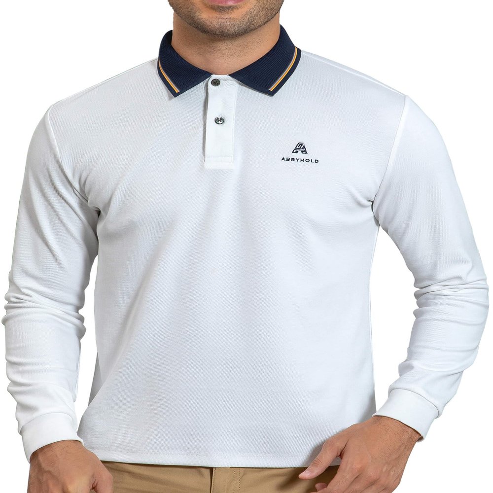 AbbyHold Men's Long Sleeve Polo Shirts with Collar Slim Fit Collared Shirts for Work, Golf, Casual (S, White)