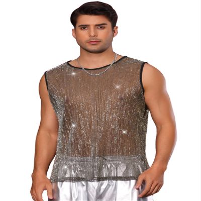 Lars Amadeus Glitter Sheer Golden Silver Tank Top for Men's Party See Through Sparkly Sleeveless Metallic Mesh Vest L