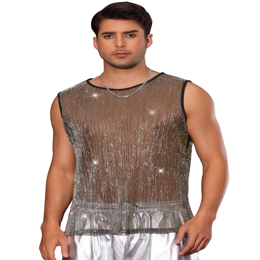 Lars Amadeus Glitter Sheer Golden Silver Tank Top for Men's Party See Through Sparkly Sleeveless Metallic Mesh Vest L