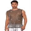 Lars Amadeus Glitter Sheer Golden Silver Tank Top for Men's Party See Through Sparkly Sleeveless Metallic Mesh Vest L view 1