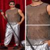 Lars Amadeus Glitter Sheer Golden Silver Tank Top for Men's Party See Through Sparkly Sleeveless Metallic Mesh Vest L view 4