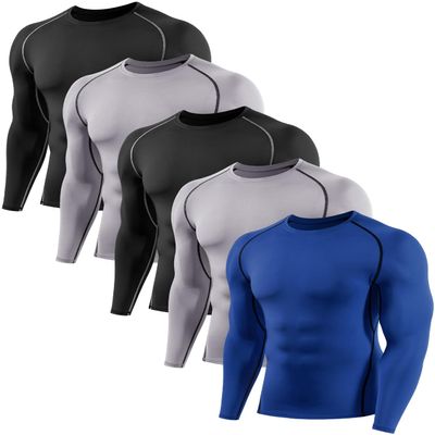 ATTIQOZI 4,5,6 Pack Men's Compression Shirts Long Sleeve Rash Guard Workout Undershirt Base Layer Athletic Shirt Bl/Gr/Bl/Gr/Dark Blue M
