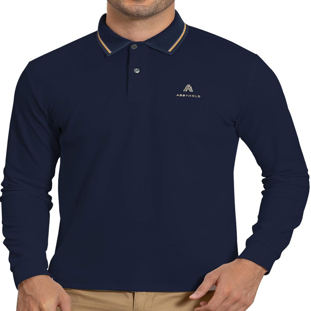 AbbyHold Men's Long Sleeve Polo Shirts with Collar Slim Fit Collared Shirts for Work, Golf, Casual (S, Navy Blue)