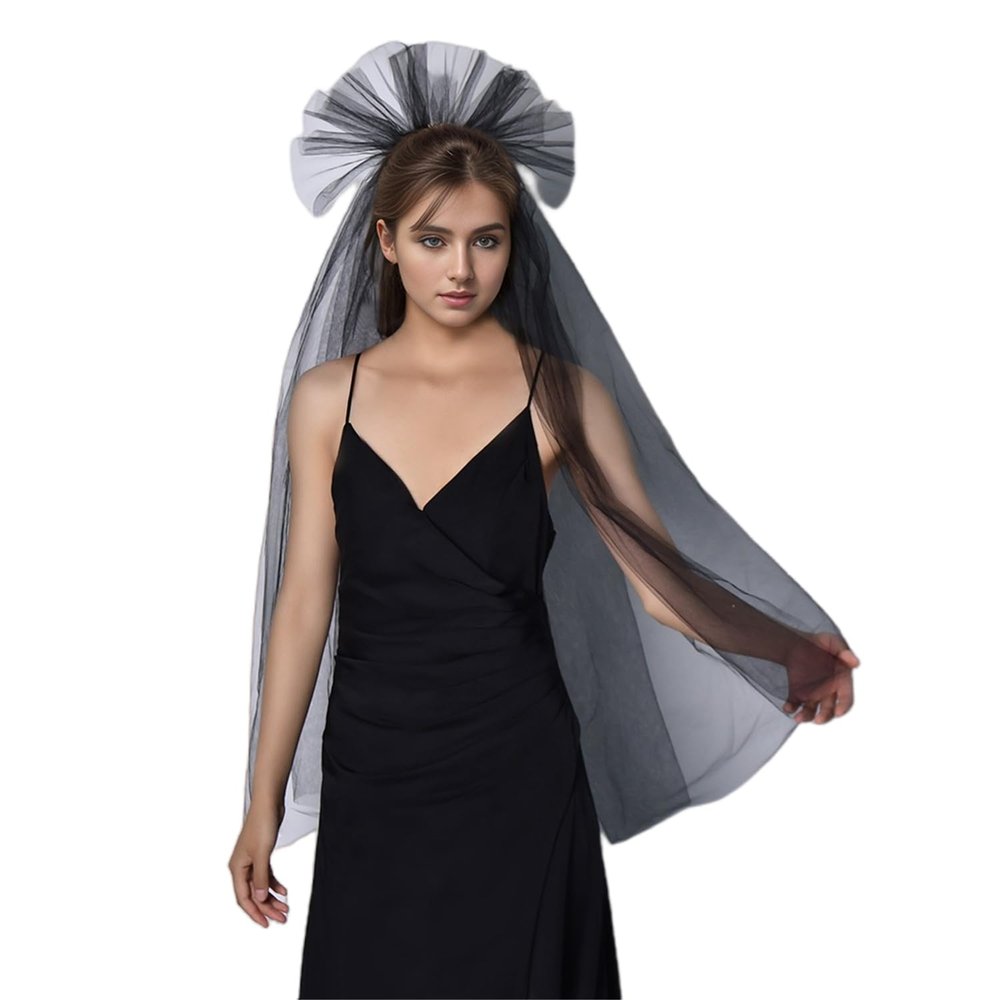 JIAHG Catholic Wedding Black Gothic Veil with Comb for Bridal Dancer Halloween Costume Tulle Evening Party Headwear Veil