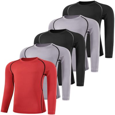 ATTIQOZI Boys' Compression Shirts Youth Long Sleeve Football Baseball Undershirt Sports Quick Dry Athletic Baselayer 4,5,6 Pack Bl/Gr/Bl/Gr/Red M