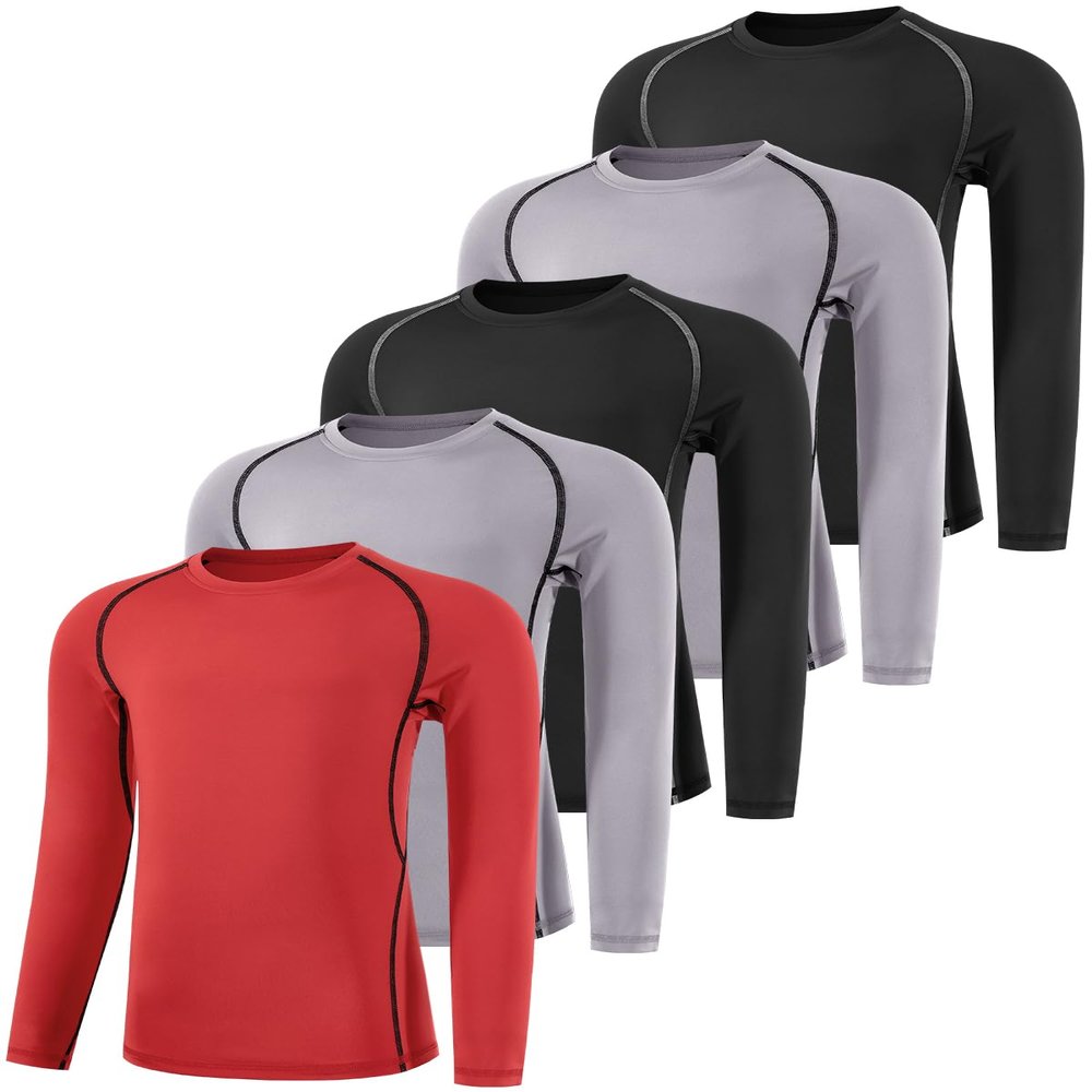 ATTIQOZI Boys' Compression Shirts Youth Long Sleeve Football Baseball Undershirt Sports Quick Dry Athletic Baselayer 4,5,6 Pack Bl/Gr/Bl/Gr/Red M