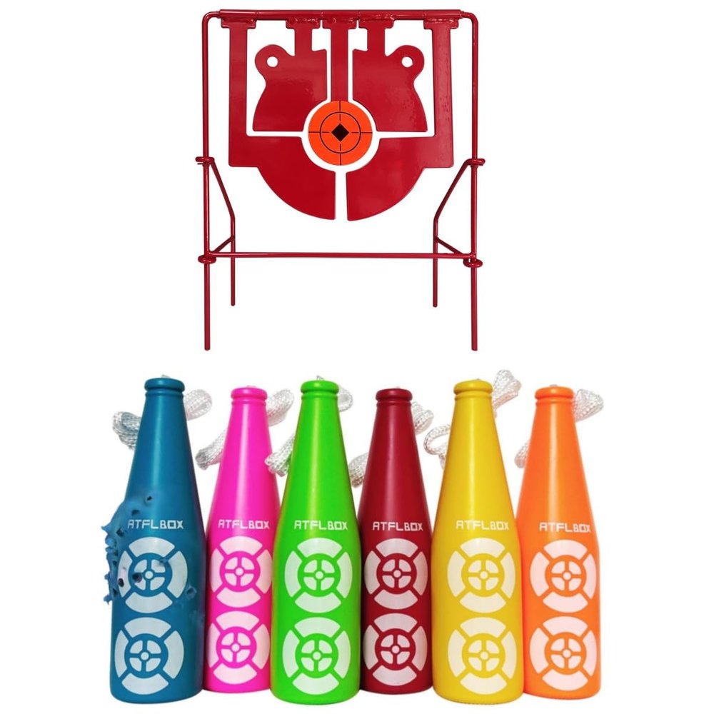 ATFLBOX 6 Pack Shatterproof Plastic Bottle Targets and 5 in 1 Auto Reset Pellet Target
