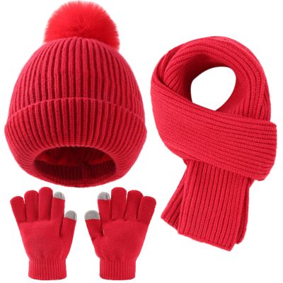Yaopelky Kid Boy Girl Beanie Hat Scarf Touchscreen Gloves Set Warm Knit Cap with Pompom Long Scarf Neck Hand Warmer (Red, Onesize)