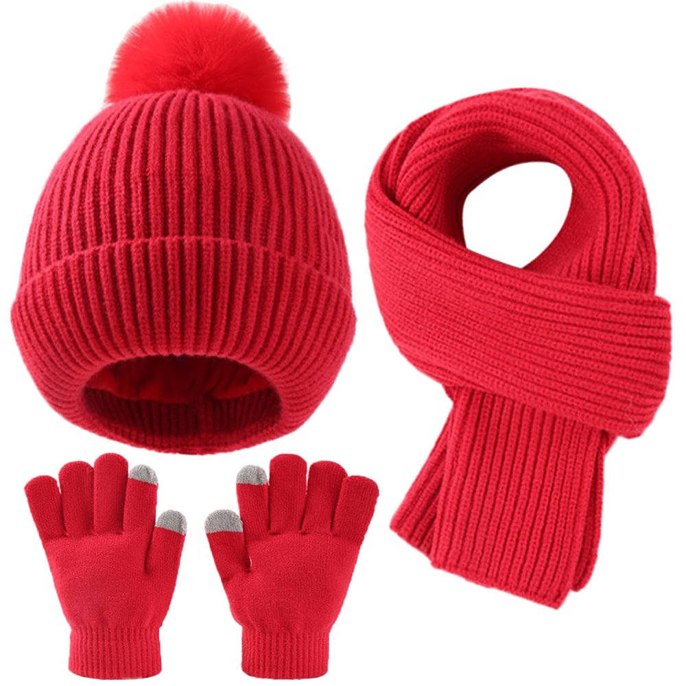 Yaopelky Kid Boy Girl Beanie Hat Scarf Touchscreen Gloves Set Warm Knit Cap with Pompom Long Scarf Neck Hand Warmer (Red, Onesize)