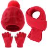 Yaopelky Kid Boy Girl Beanie Hat Scarf Touchscreen Gloves Set Warm Knit Cap with Pompom Long Scarf Neck Hand Warmer (Red, Onesize) view 1