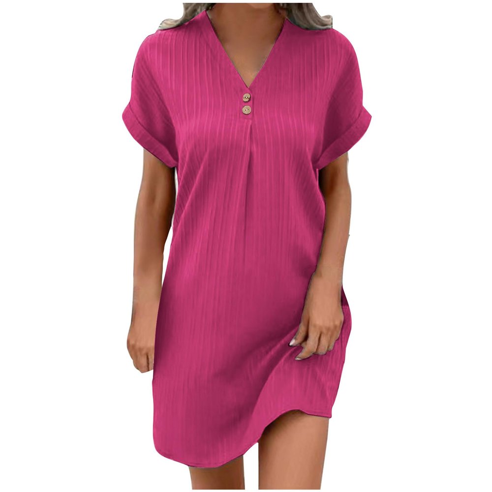 asntrgd Summer Dresses for Women 2024 Casual V Neck Roll Up Cap Sleeve Mini Dress Beach Vacation A Line Pleated Sundress