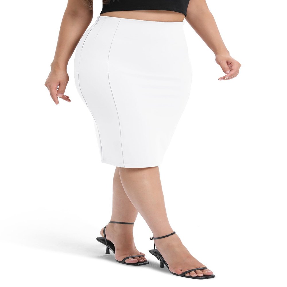 Urban CoCo Women's High Waist Stretch Pencil Skirt Knee Length Bodycon with Back Slit for Business Casual(S, White)