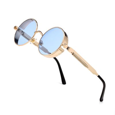 HJSTES Vintage Round Steampunk Sunglasses for Women Men Circle Gothic Glasses Retro Metal Frame(Blue Lens/Gold Frame)
