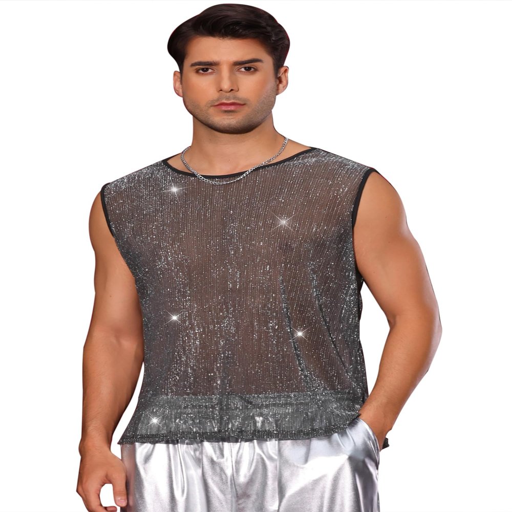 Lars Amadeus Glitter Sheer Silver Gray Tank Top for Men's Party See Through Sparkly Sleeveless Metallic Mesh Vest XL