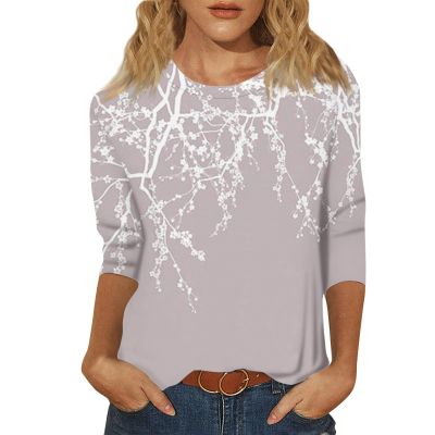 3/4 Length Sleeve Womens Tops Printed Crew Neck Cute Plus Size Shirts Dressy Casual Floral Fall Blouses Ethnic Three Quarter Loose Tunics or Tops to with Leggings Plus Size Tops for Women 2025