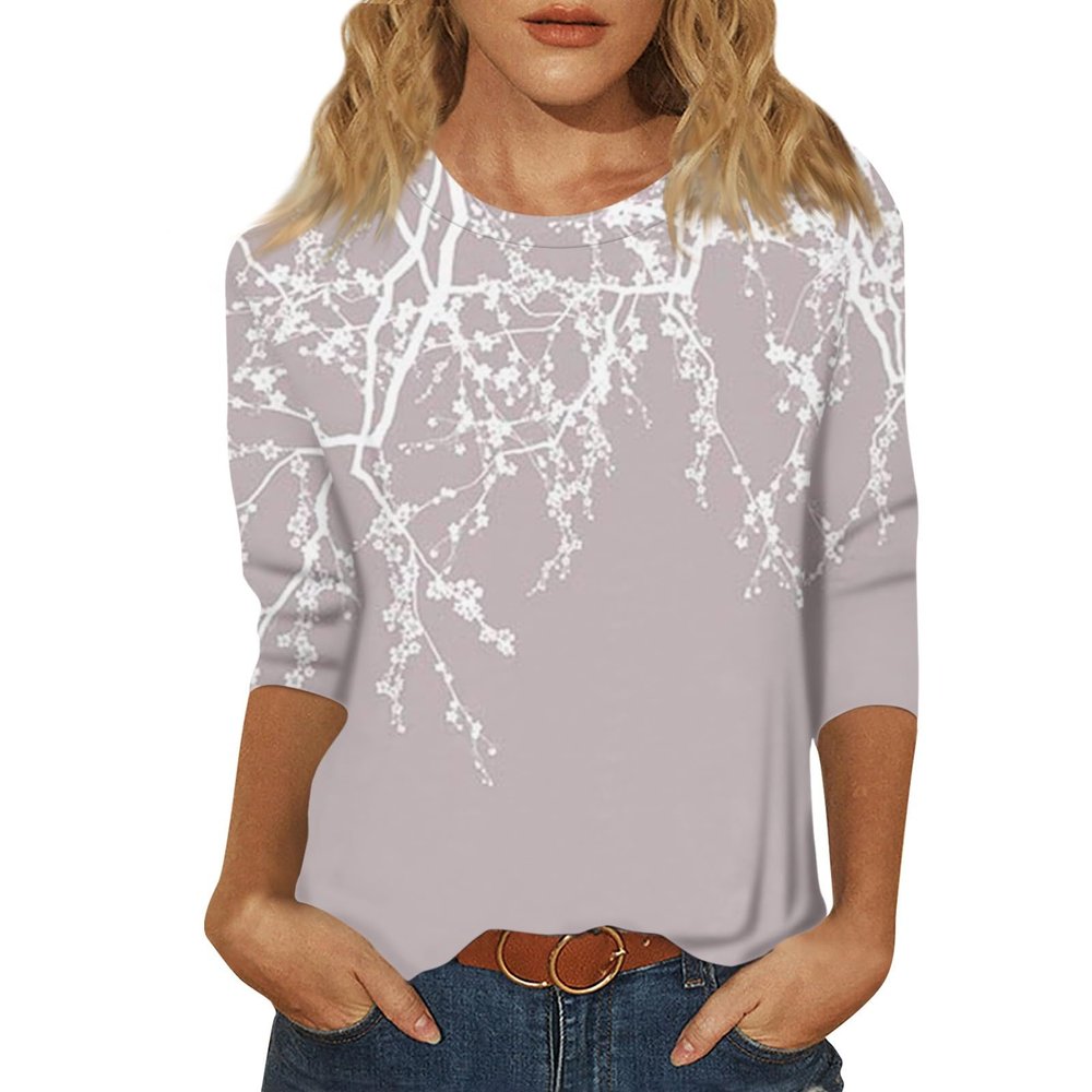 3/4 Length Sleeve Womens Tops Printed Crew Neck Cute Plus Size Shirts Dressy Casual Floral Fall Blouses Ethnic Three Quarter Loose Tunics or Tops to with Leggings Plus Size Tops for Women 2025