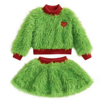 Amnnchya Toddler Baby Girl Christmas Outfit Green Furry Sweatshirt Tops Skirts Set Infant Fall Winter Christmas Clothes (Green, 18-24 Months)