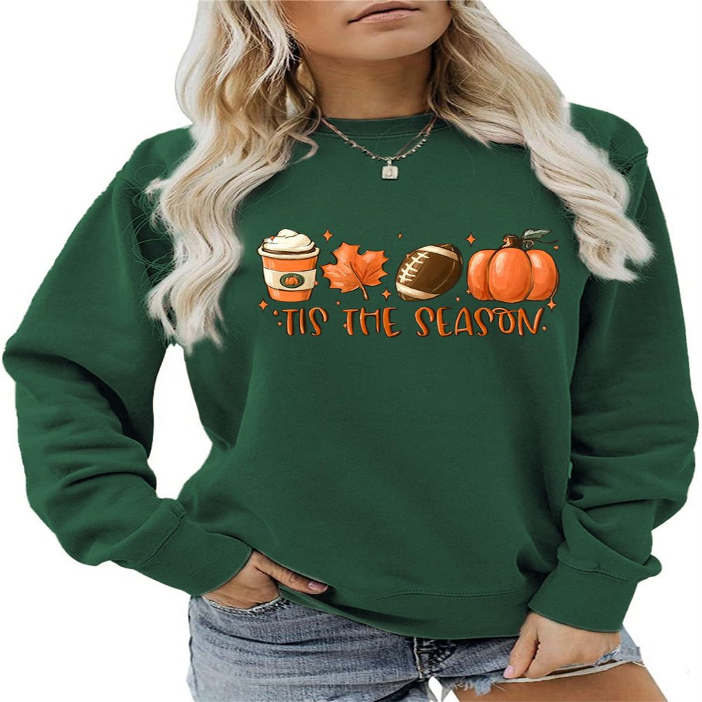 Pifnxtamy Sweatshirt for Women Tis The Season Football Sweater Long Sleeve Shirt Autumn Pumpkin Halloween Pullover Dark Green