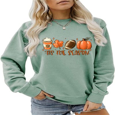 Pifnxtamy Sweatshirt for Women Tis The Season Football Sweater Long Sleeve Shirt Autumn Pumpkin Halloween Pullover Light Green
