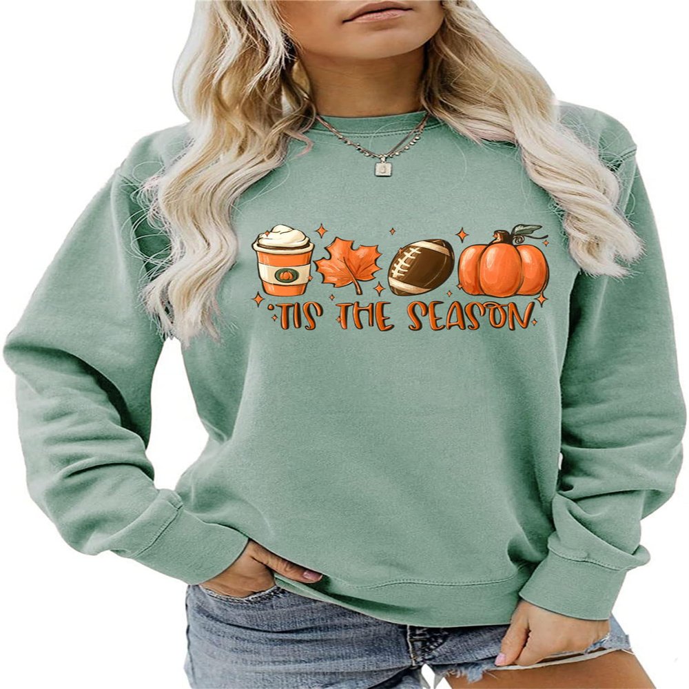 Pifnxtamy Sweatshirt for Women Tis The Season Football Sweater Long Sleeve Shirt Autumn Pumpkin Halloween Pullover Light Green
