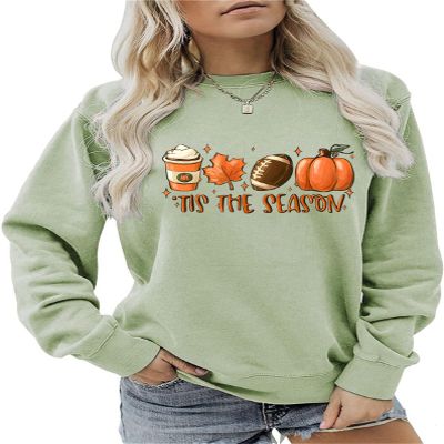 Pifnxtamy Sweatshirt for Women Tis The Season Football Sweater Long Sleeve Shirt Autumn Pumpkin Halloween Pullover Olive Green