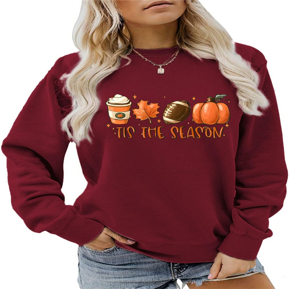 Pifnxtamy Sweatshirt for Women Tis The Season Football Sweater Long Sleeve Shirt Autumn Pumpkin Halloween Pullover Wine