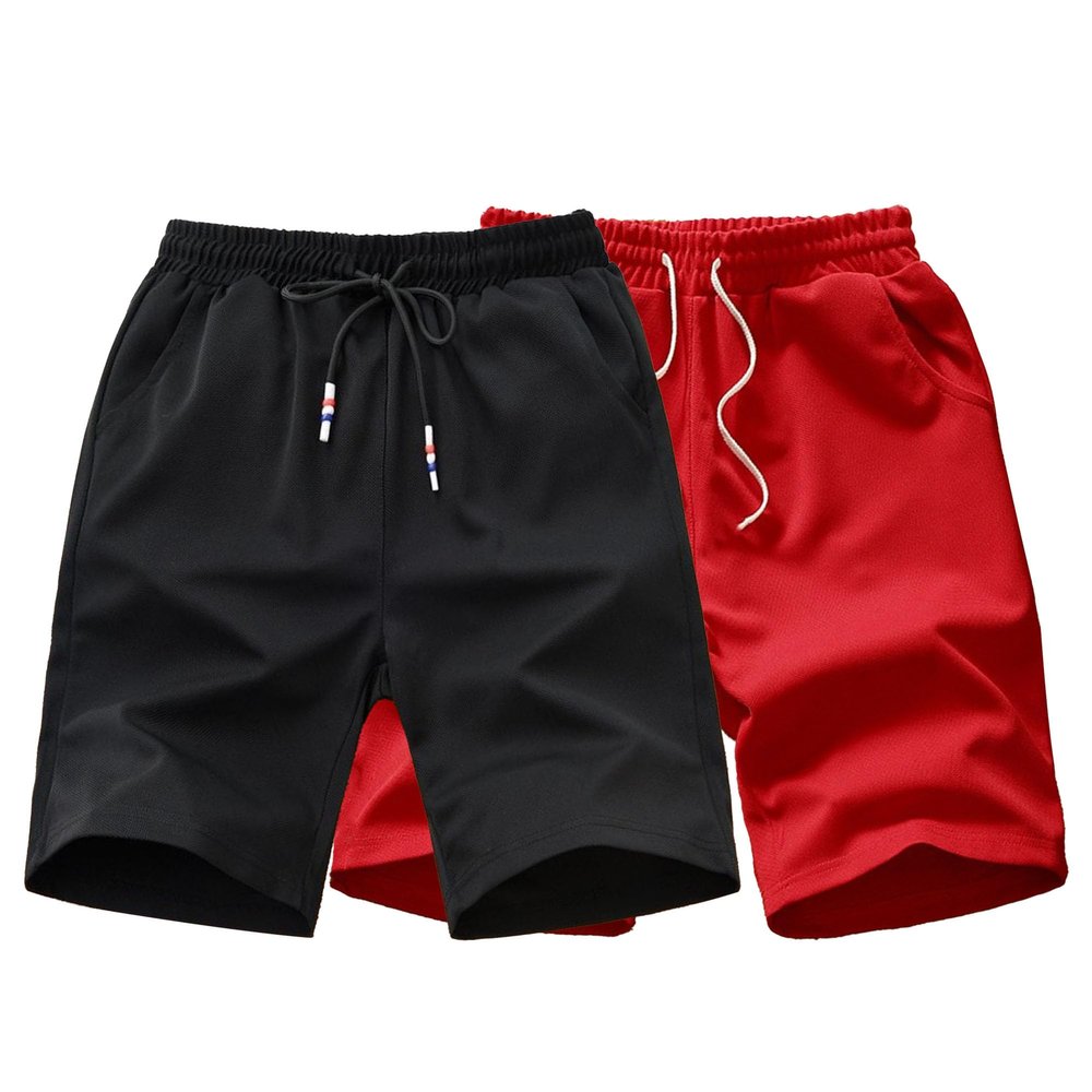 Maiyifu-GJ Men's Running Shorts Elastic Waist Lightweight Athletic Shorts Summer Casual Workout Training Short Pants (Black+Red,Large)
