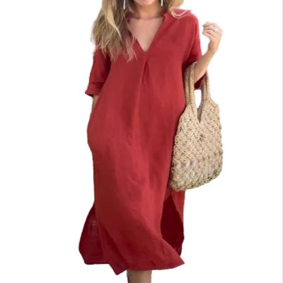 3/4 Sleeve Dress V Neck Maxi Dress Casual Dress Flowy Long Red Dress Cotton Dress for Womens with Pockets